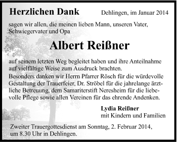 Traueranzeige von Albert Reißner von Schwäbische Post