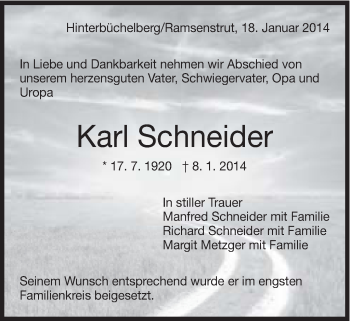 Traueranzeige von Karl Schneider von Schwäbische Post