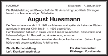 Traueranzeige von August Huesmann von Schwäbische Post