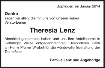 Traueranzeige von Theresia Lenz von 082
