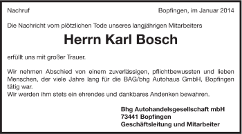 Traueranzeige von Karl Bosch von Schwäbische Post