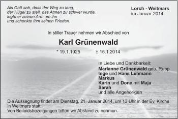 Traueranzeige von Karl Grünenwald von Gmünder Tagespost