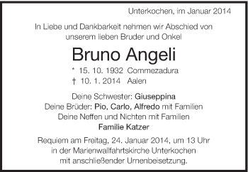 Traueranzeige von Bruno Angeli von Schwäbische Post