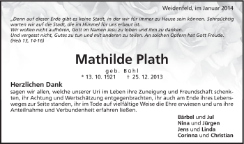 Traueranzeige von Mathilde Plath von Schwäbische Post