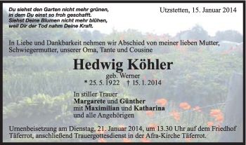 Traueranzeige von Hedwig Köhler von Gmünder Tagespost