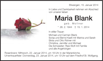 Traueranzeige von Maria Blank von Schwäbische Post