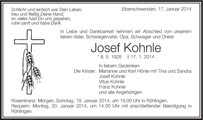  Traueranzeige für Josef Kohnle vom 18.01.2014 aus Schwäbische Post