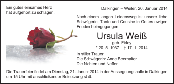 Traueranzeige von Ursula Weiß von Schwäbische Post