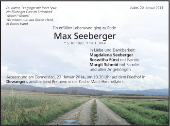 Traueranzeige von Max Seeberger von Schwäbische Post