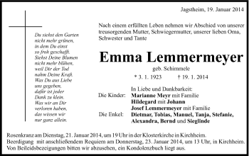 Traueranzeige von Emma Lemmermeyer von Schwäbische Post