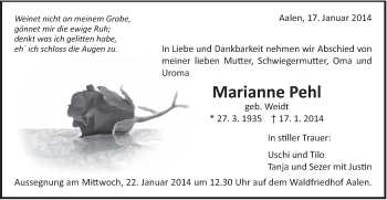 Traueranzeige von Marianne Pehl von Schwäbische Post