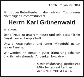 Traueranzeige von Karl Grünenwald von Gmünder Tagespost
