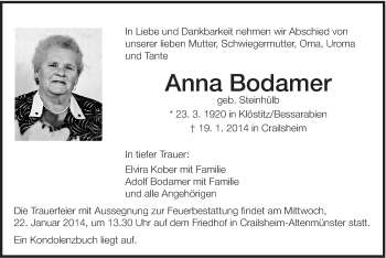 Traueranzeige von Anna Bodamer von Schwäbische Post