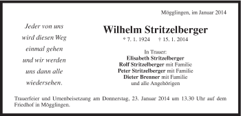 Traueranzeige von Wilhelm Stritzelberger von Gmünder Tagespost
