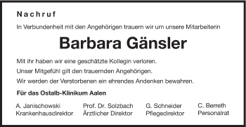 Traueranzeige von Barbara Gänsler von Schwäbische Post