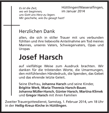 Traueranzeige von Josef Harsch von Schwäbische Post