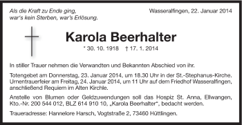Traueranzeige von Karola Beerhalter von Schwäbische Post