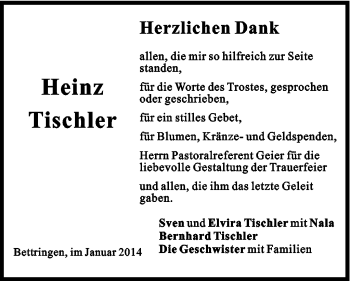 Traueranzeige von Heinz Tischler von Gmünder Tagespost
