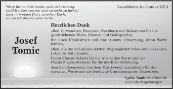 Traueranzeige von Josef Tomic von Schwäbische Post