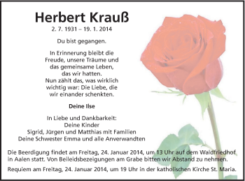 Traueranzeige von Herbert Krauß von Schwäbische Post