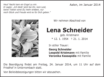 Traueranzeige von Lena Schneider von Schwäbische Post
