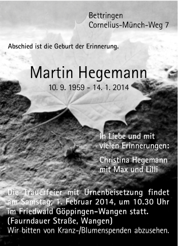 Traueranzeige von Martin Hegemann von Gmünder Tagespost
