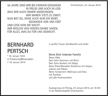Traueranzeige von Bernhard Pertsch von Schwäbische Post