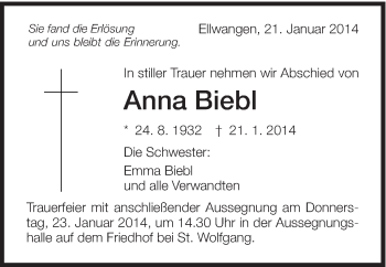 Traueranzeige von Anna Biebl von Schwäbische Post