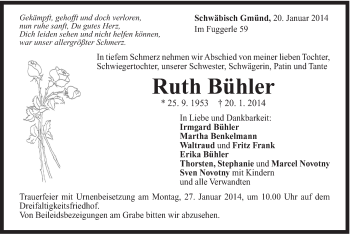 Traueranzeige von Ruth Bühler von Gmünder Tagespost