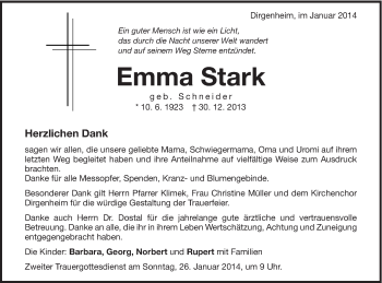 Traueranzeige von Emma Stark von Schwäbische Post
