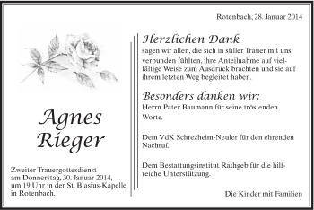 Traueranzeige von Agnes Rieger von Schwäbische Post