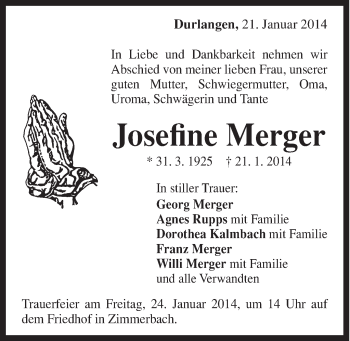 Traueranzeige von Josefine Merger von Gmünder Tagespost