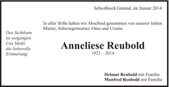 Traueranzeige von Anneliese Reubold von Gmünder Tagespost