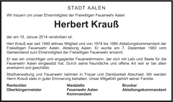 Traueranzeige von Herbert Krauß von Schwäbische Post