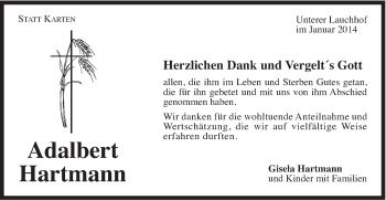 Traueranzeige von Adalbert Hartmann von Gmünder Tagespost