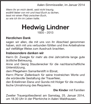 Traueranzeige von Hedwig Lindner von Schwäbische Post