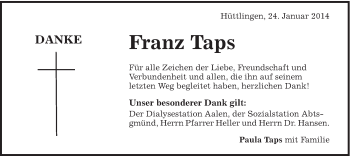 Traueranzeige von Franz Taps von Schwäbische Post
