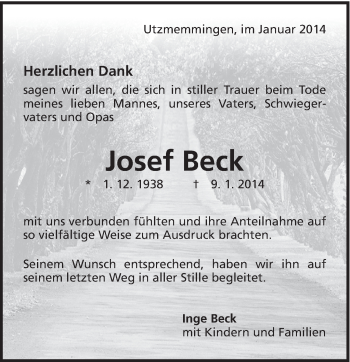 Traueranzeige von Josef Beck von Schwäbische Post