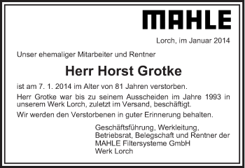 Traueranzeige von Horst Grotke von Gmünder Tagespost