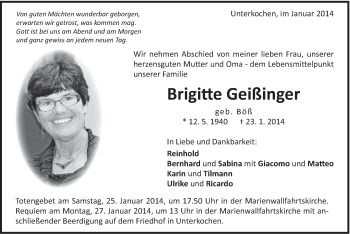 Traueranzeige von Brigitte Geißinger von Schwäbische Post