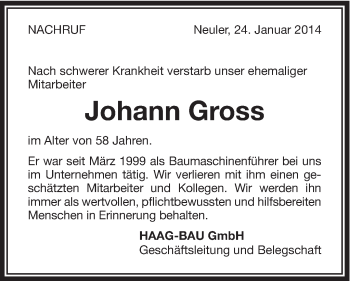 Traueranzeige von Johann Gross von Schwäbische Post