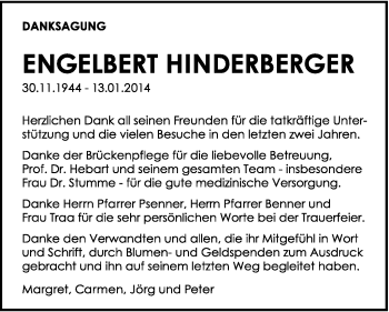 Traueranzeige von Engelbert Hinderberger von Gmünder Tagespost