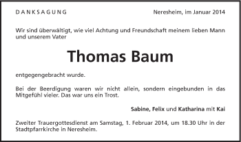 Traueranzeige von Thomas Baum von Schwäbische Post