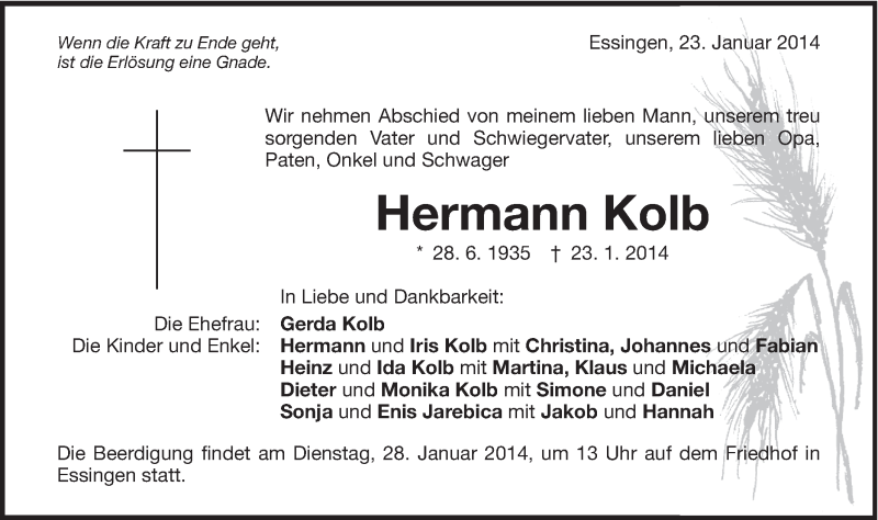  Traueranzeige für Hermann Kolb vom 25.01.2014 aus Schwäbische Post