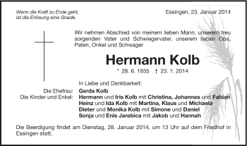 Traueranzeige von Hermann Kolb von Schwäbische Post