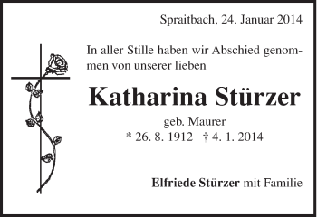 Traueranzeige von Katharina Stürzer von Gmünder Tagespost