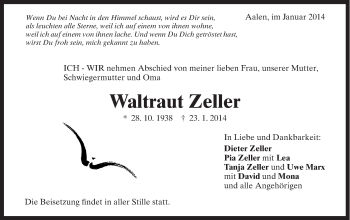 Traueranzeige von Waltraut Zeller von Schwäbische Post