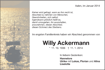 Traueranzeige von Willy Ackermann von Schwäbische Post