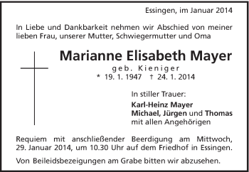Traueranzeige von Marianne Elisabeth Mayer von Schwäbische Post