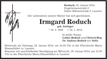 Traueranzeige von Irmgard Roduch von Gmünder Tagespost